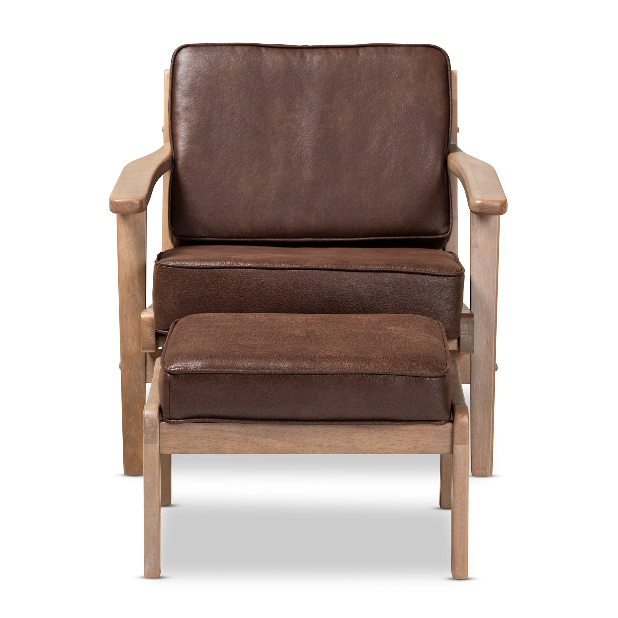 Sigrid Mid-Century Modern Dark Brown Faux Leather Effect Fabric Upholstered Antique Oak Finished 2-Piece Wood Armchair and Ottoman Set