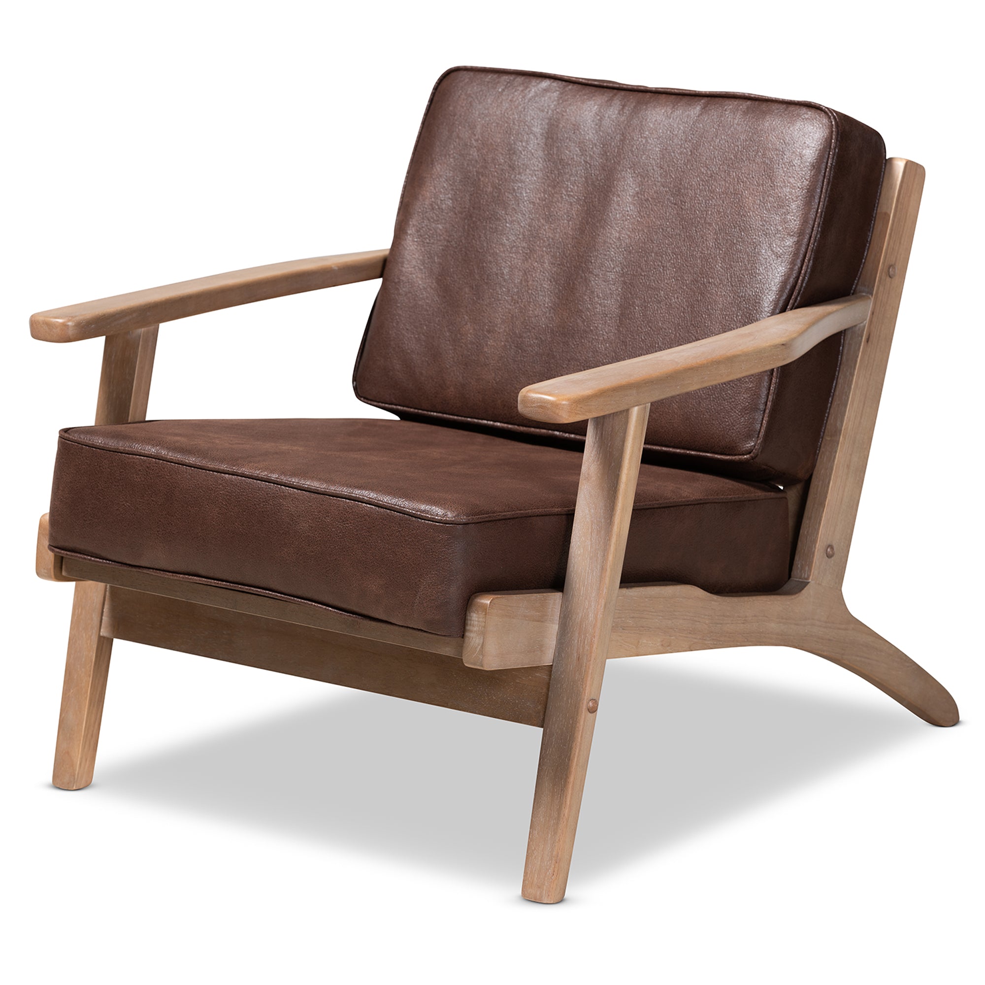 Sigrid Mid-Century Modern Dark Brown Faux Leather Effect Fabric Upholstered Antique Oak Finished 2-Piece Wood Armchair and Ottoman Set