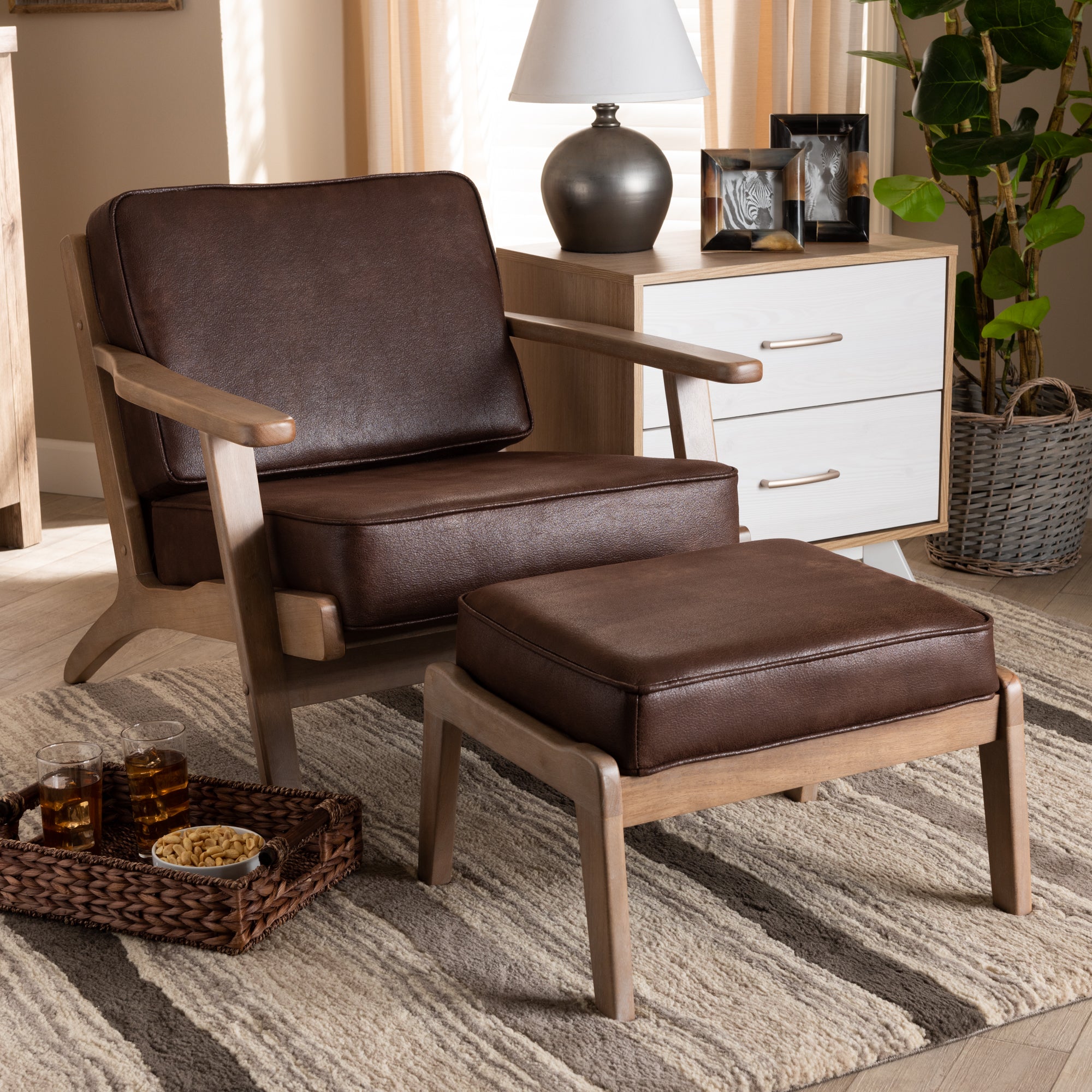 Sigrid Mid-Century Modern Dark Brown Faux Leather Effect Fabric Upholstered Antique Oak Finished 2-Piece Wood Armchair and Ottoman Set