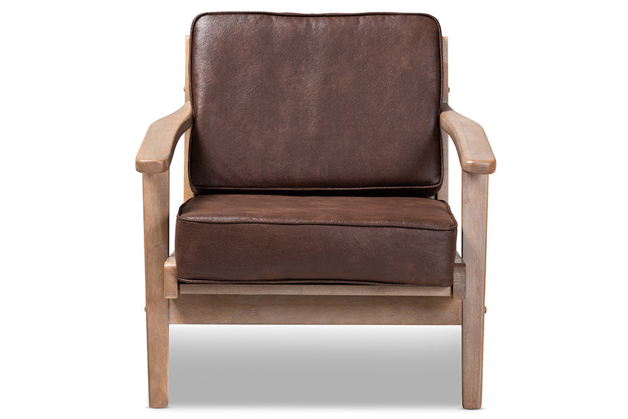 Sigrid Mid-Century Modern Dark Brown Faux Leather Effect Fabric Upholstered Antique Oak Finished Wood Armchair