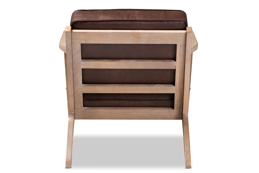 Sigrid Mid-Century Modern Dark Brown Faux Leather Effect Fabric Upholstered Antique Oak Finished Wood Armchair