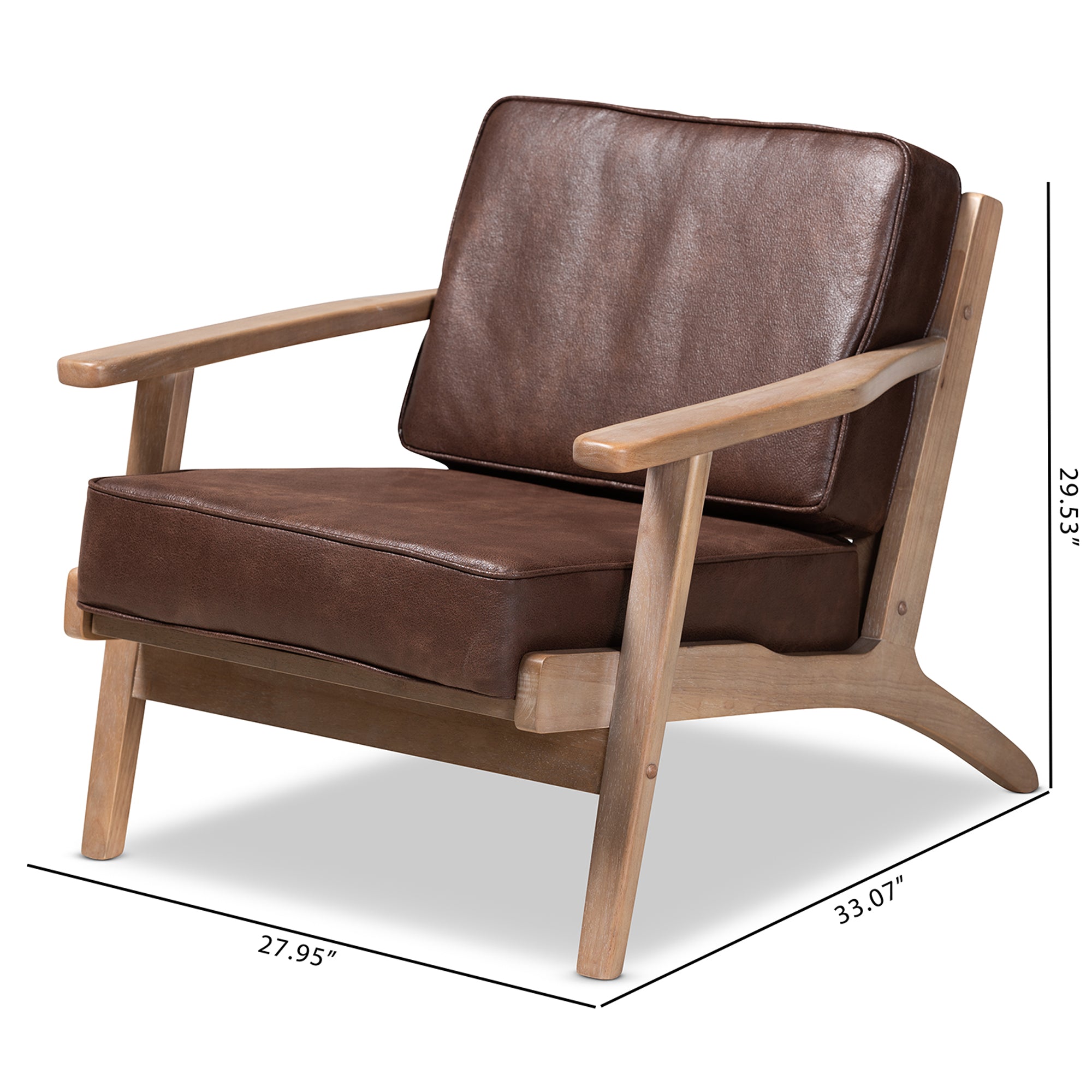 Sigrid Mid-Century Modern Dark Brown Faux Leather Effect Fabric Upholstered Antique Oak Finished Wood Armchair