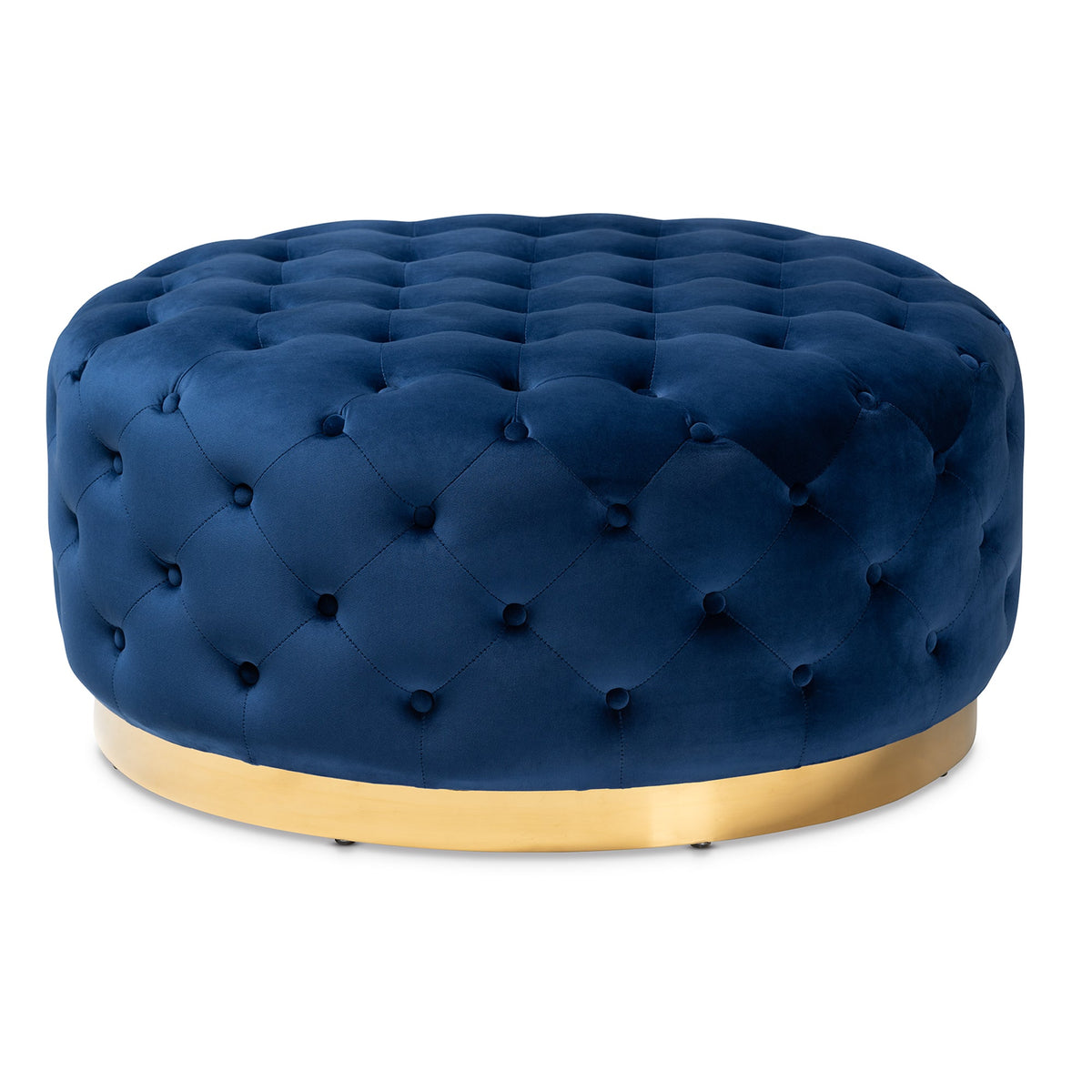 Sasha and Royal Blue Velvet Fabric Upholstered Gold Finished Round Cocktail Ottoman