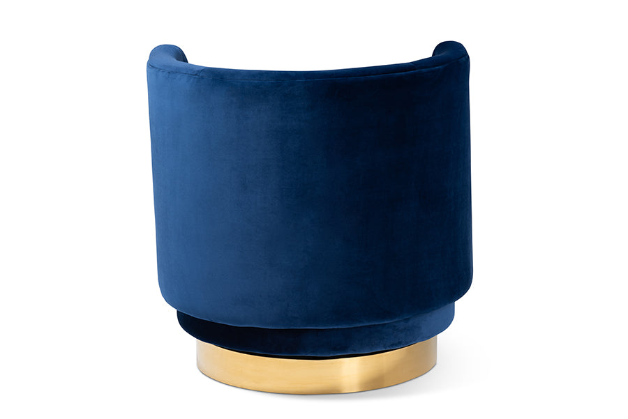 Saffi  and  Royal Blue Velvet Fabric Upholstered Gold Finished Swivel Accent Chair