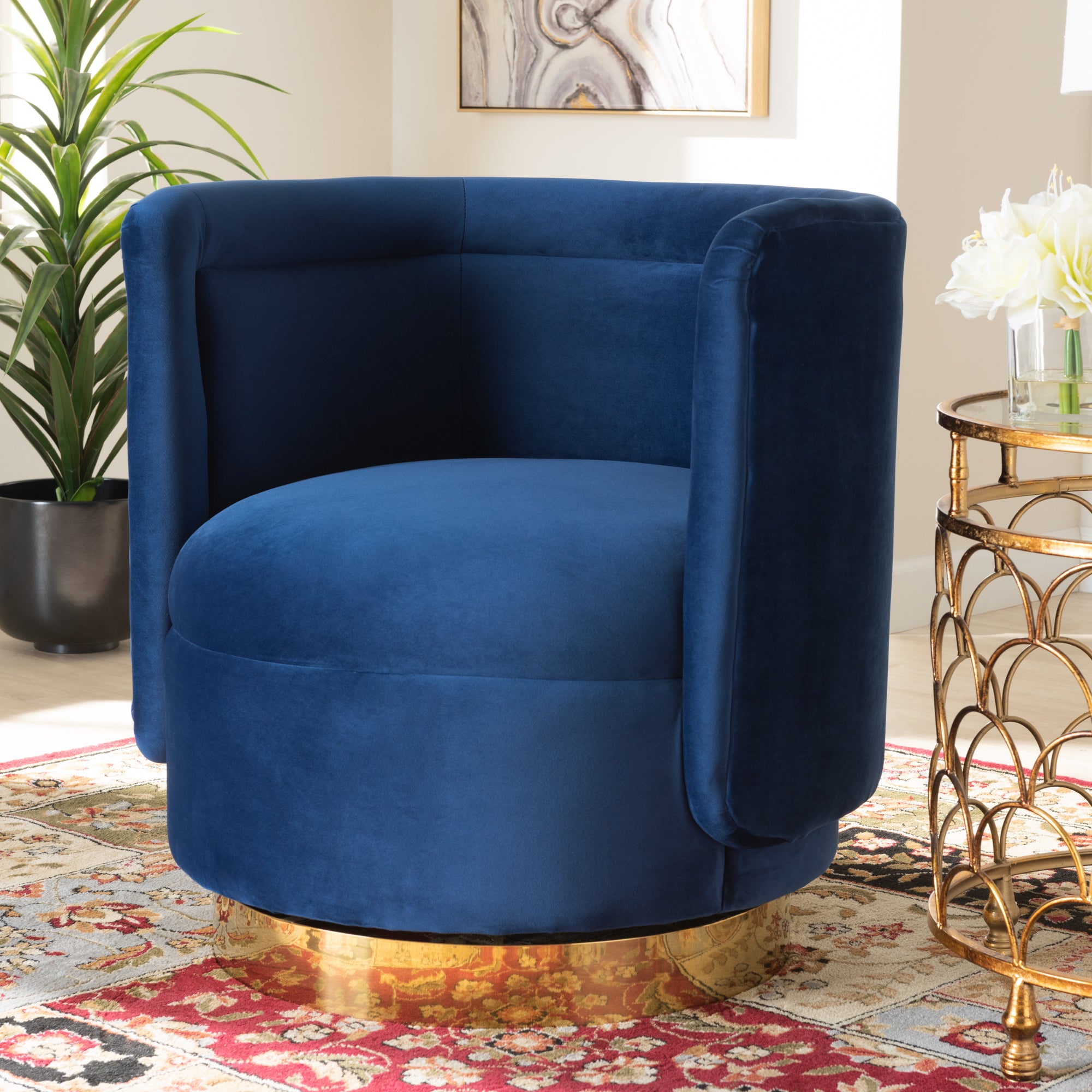 Saffi  and  Royal Blue Velvet Fabric Upholstered Gold Finished Swivel Accent Chair