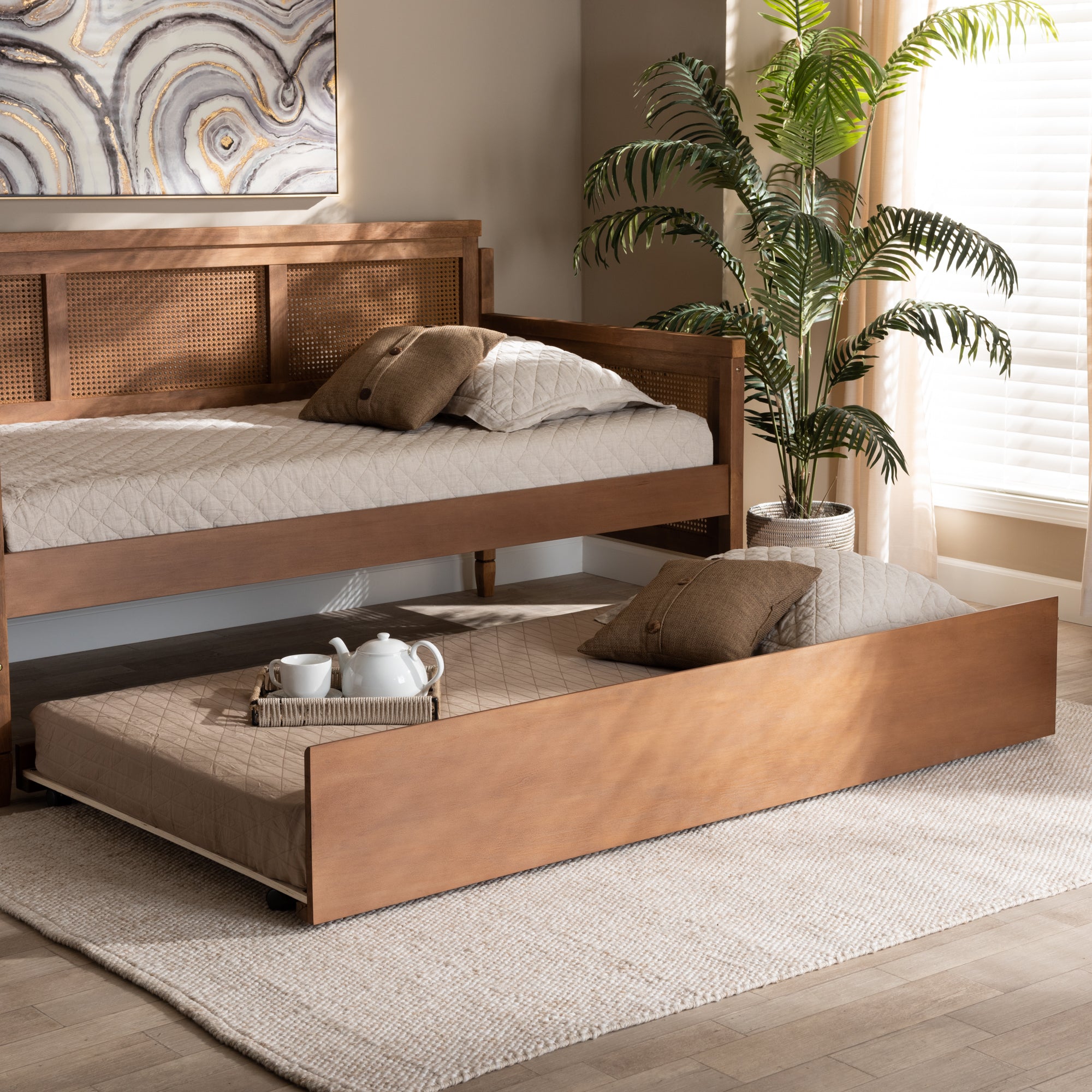 Toveli Modern and Contemporary Ash Walnut Finished Twin Size Trundle Bed