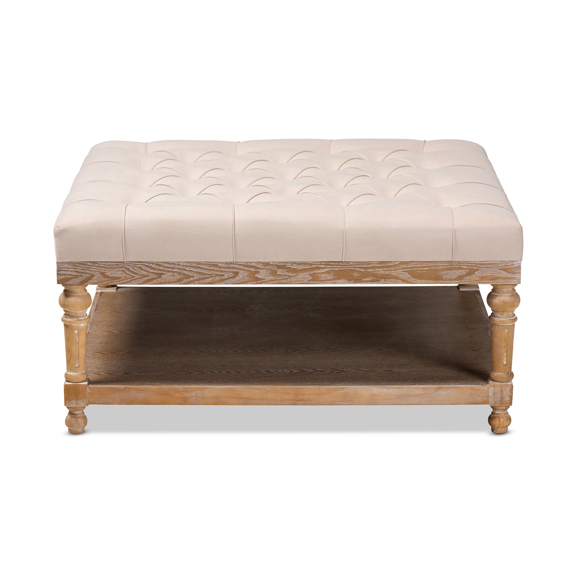 Kelly Modern and Rustic Beige Linen Fabric Upholstered and Greywashed Wood Cocktail Ottoman