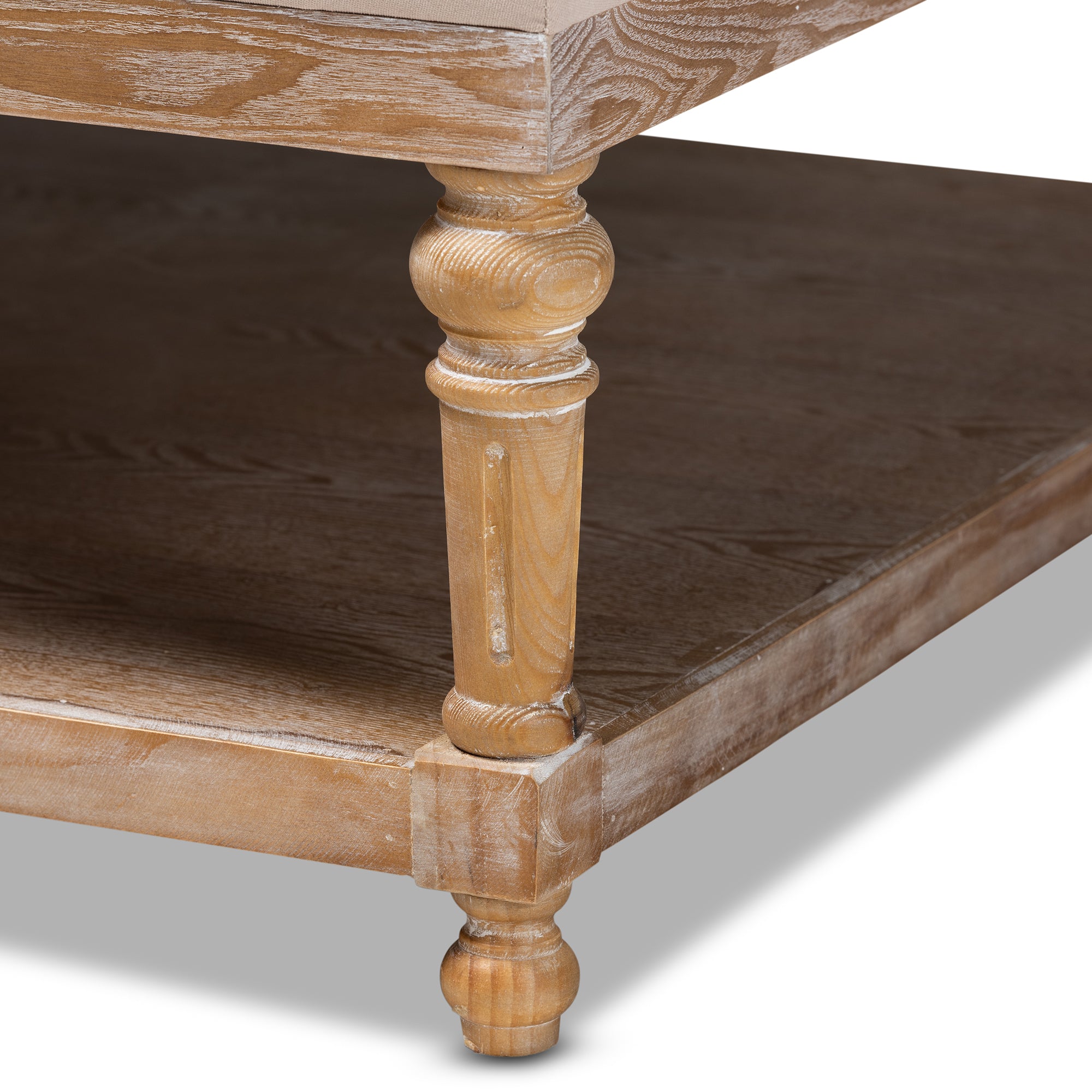 Kelly Modern and Rustic Beige Linen Fabric Upholstered and Greywashed Wood Cocktail Ottoman