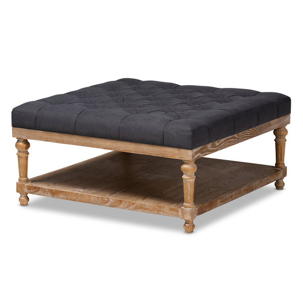 Kelly Modern and Rustic Charcoal Linen Fabric Upholstered and Greywashed Wood Cocktail Ottoman