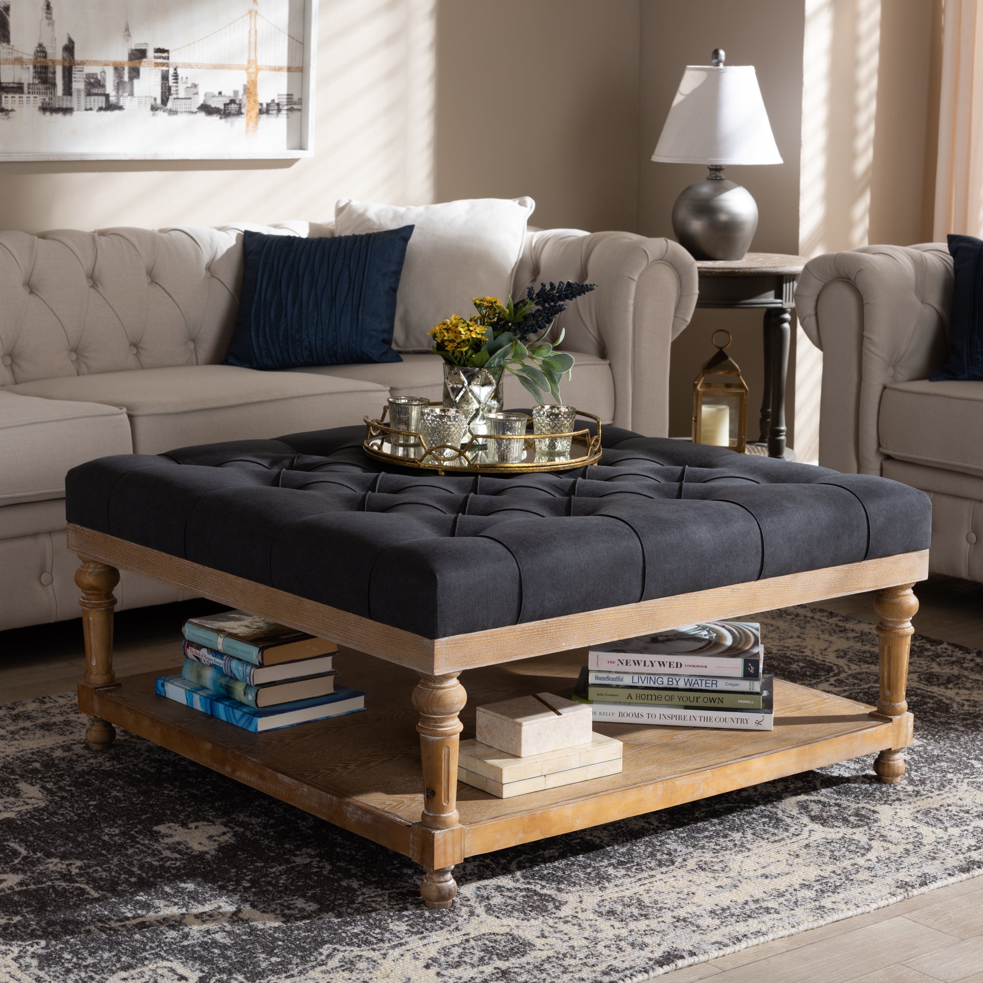 Kelly Modern and Rustic Charcoal Linen Fabric Upholstered and Greywashed Wood Cocktail Ottoman