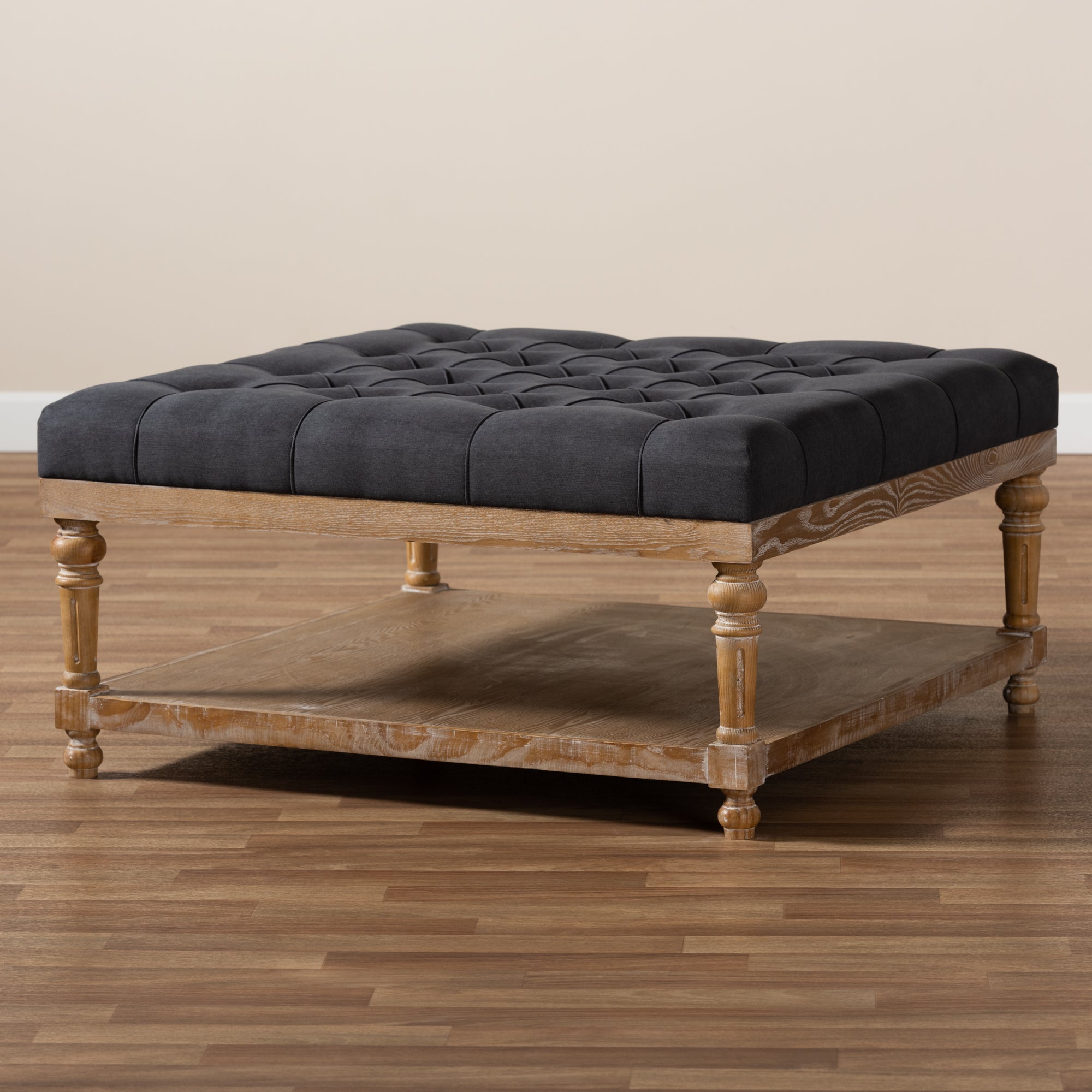 Kelly Modern and Rustic Charcoal Linen Fabric Upholstered and Greywashed Wood Cocktail Ottoman