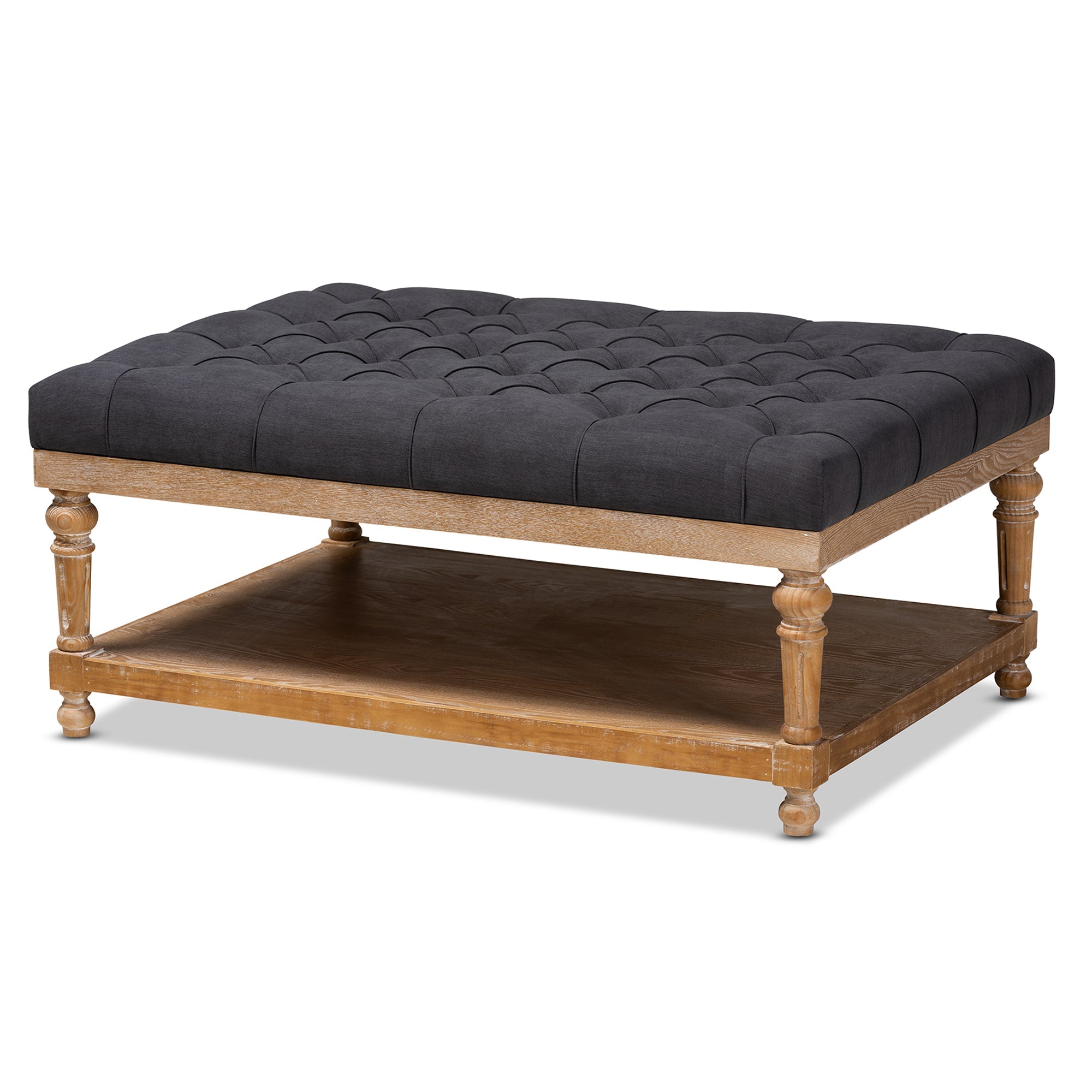 Lindsey Modern and Rustic Charcoal Linen Fabric Upholstered and Greywashed Wood Cocktail Ottoman