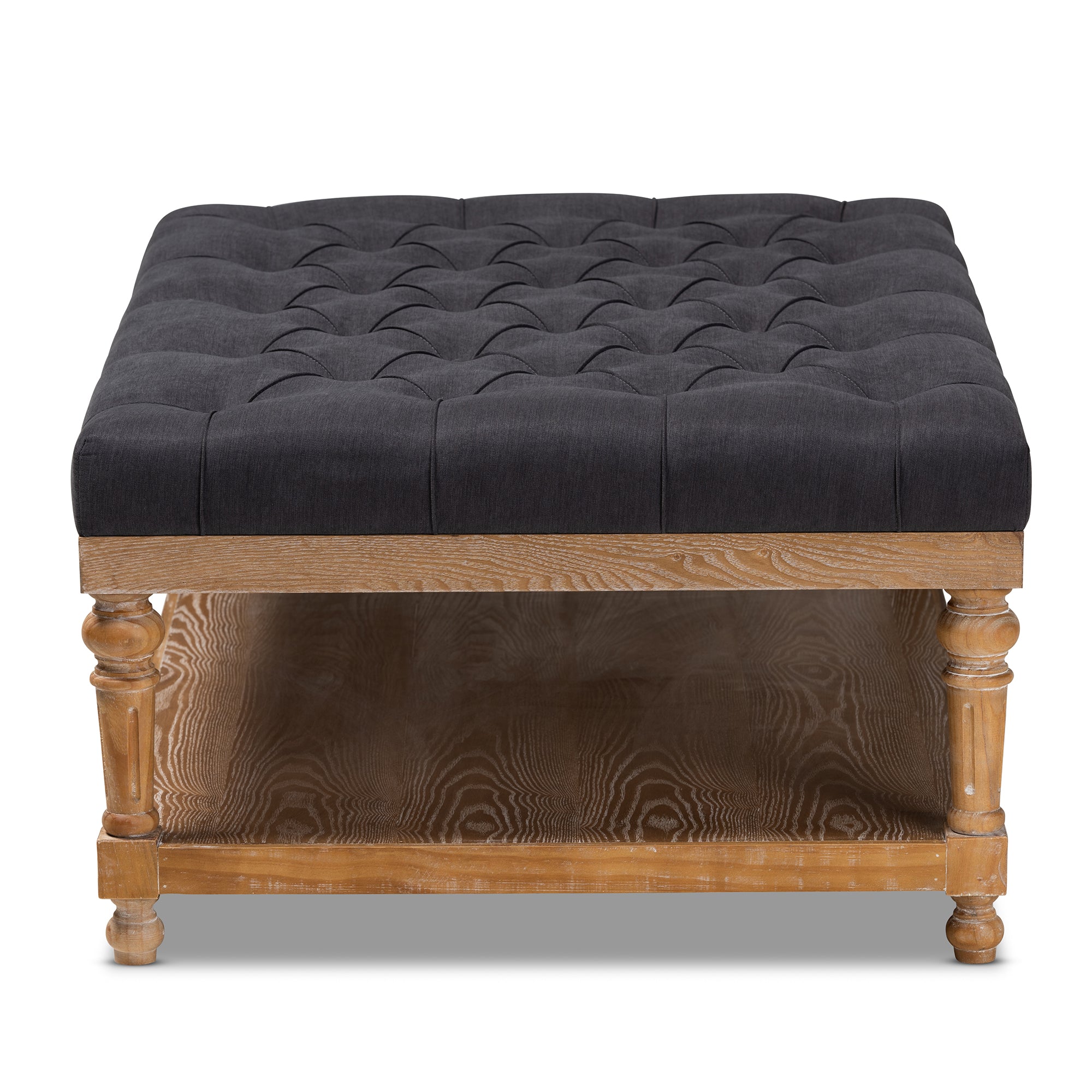Lindsey Modern and Rustic Charcoal Linen Fabric Upholstered and Greywashed Wood Cocktail Ottoman