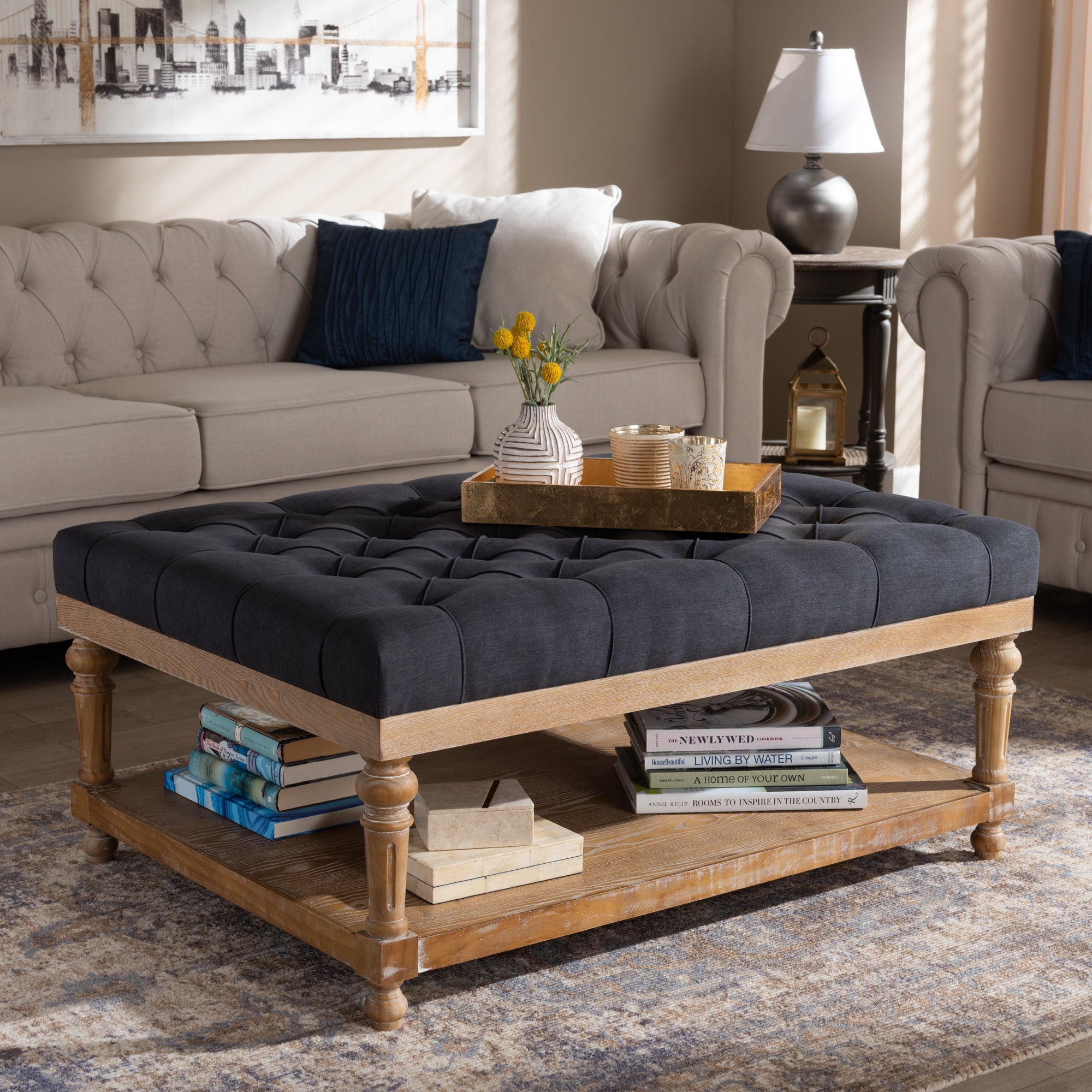 Lindsey Modern and Rustic Charcoal Linen Fabric Upholstered and Greywashed Wood Cocktail Ottoman