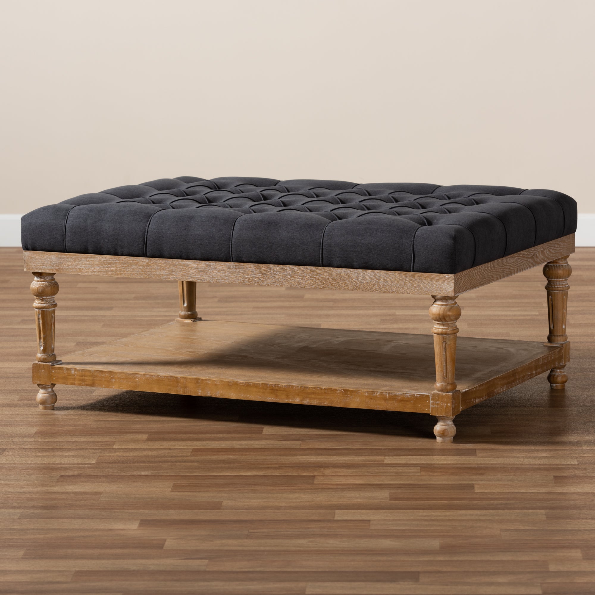Lindsey Modern and Rustic Charcoal Linen Fabric Upholstered and Greywashed Wood Cocktail Ottoman