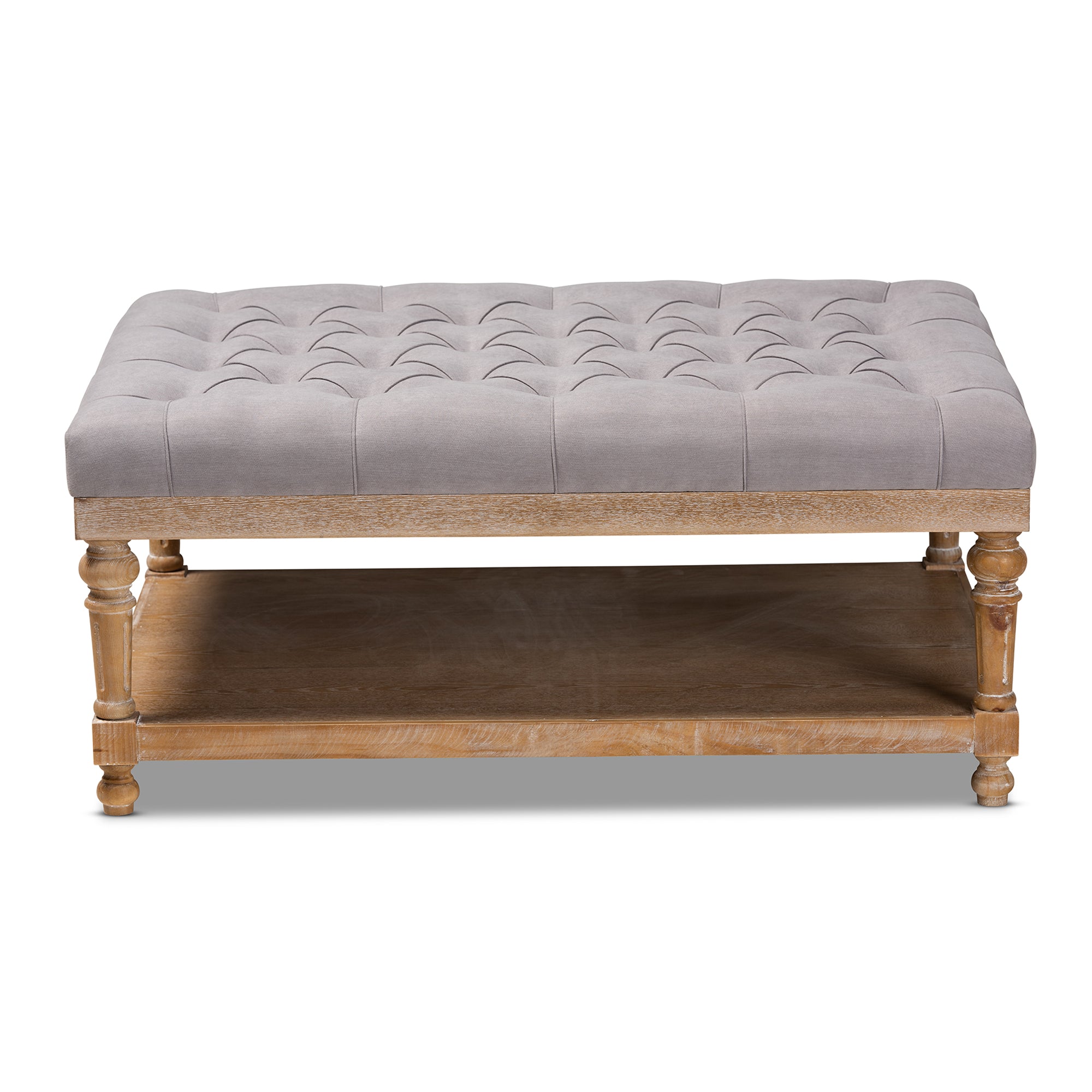 Lindsey Modern and Rustic Grey Linen Fabric Upholstered and Greywashed Wood Cocktail Ottoman