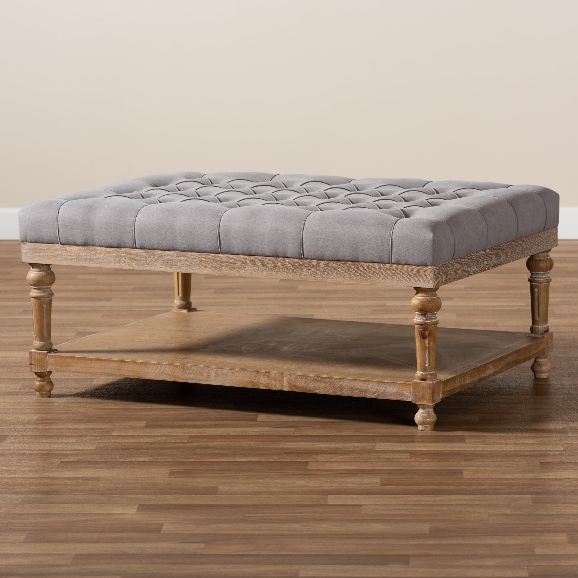 Lindsey Modern and Rustic Grey Linen Fabric Upholstered and Greywashed Wood Cocktail Ottoman