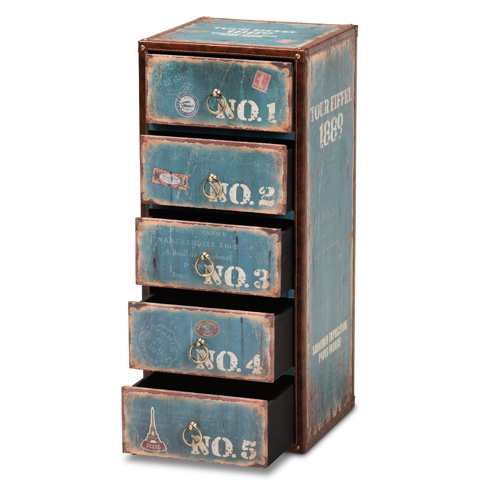 Alba Vintage Rustic French Inspired Blue Finished Wood 5-Drawer Accent Storage Cabinet