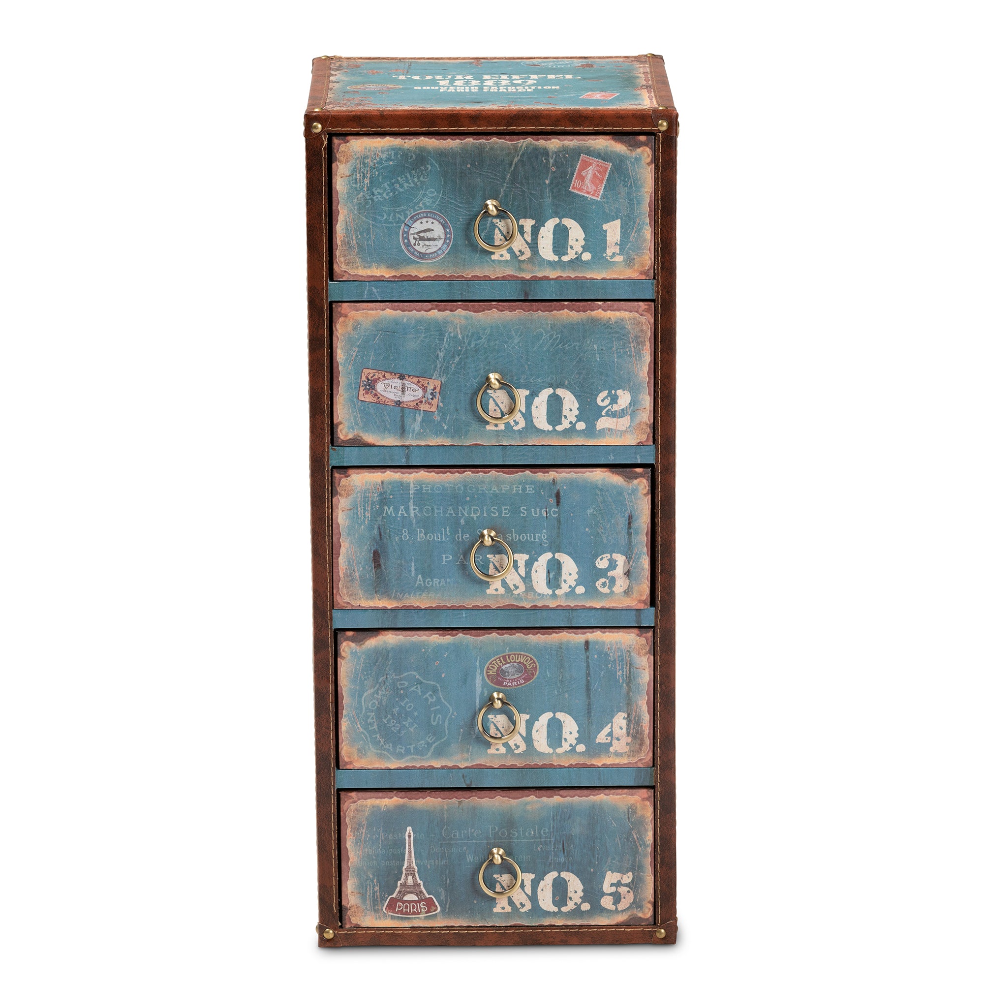 Alba Vintage Rustic French Inspired Blue Finished Wood 5-Drawer Accent Storage Cabinet