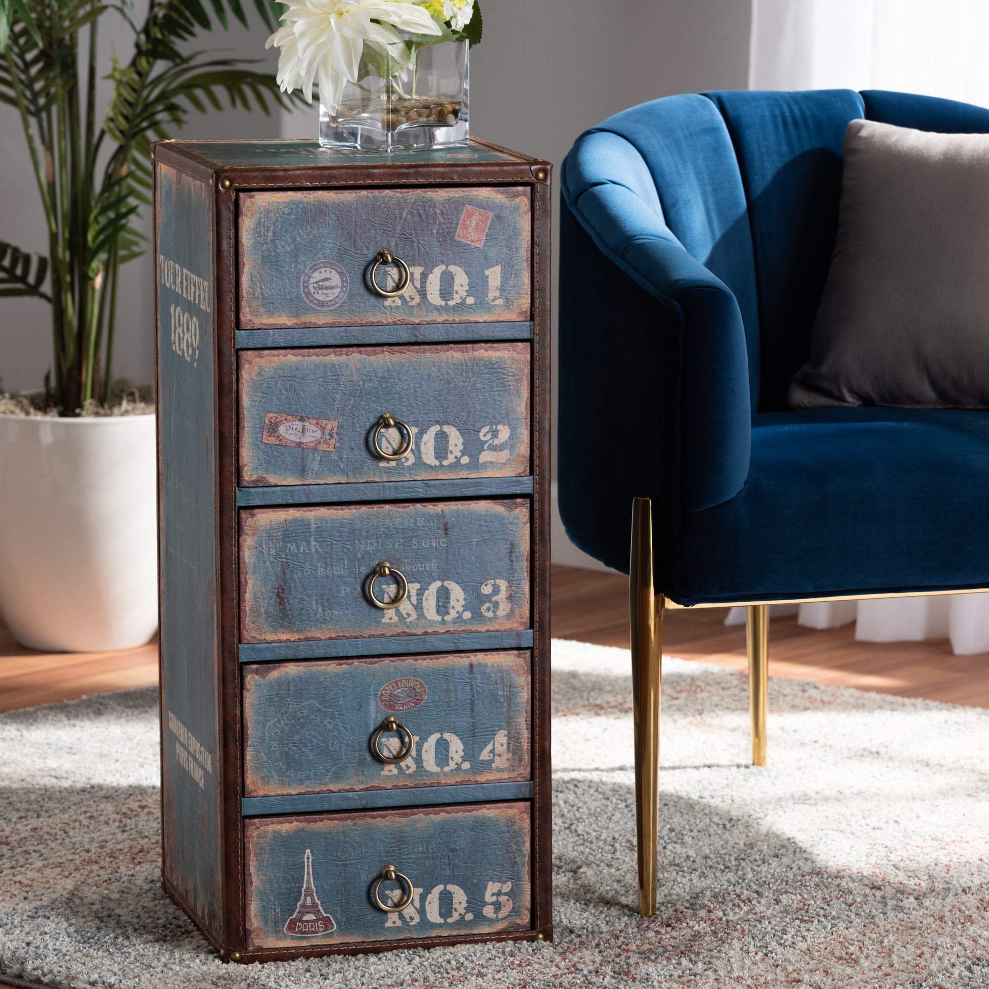Alba Vintage Rustic French Inspired Blue Finished Wood 5-Drawer Accent Storage Cabinet