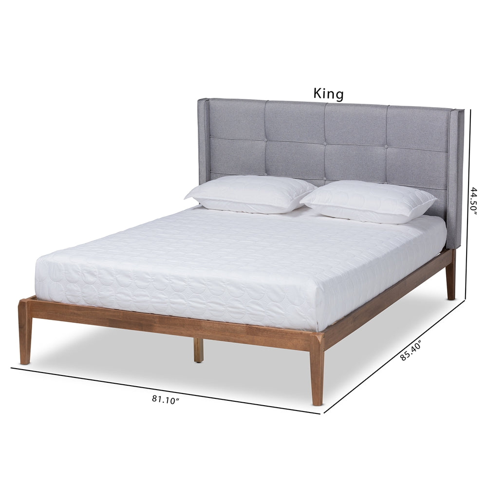 Edmond Grey Fabric and Ash Walnut Brown Finished Wood King Size Bed