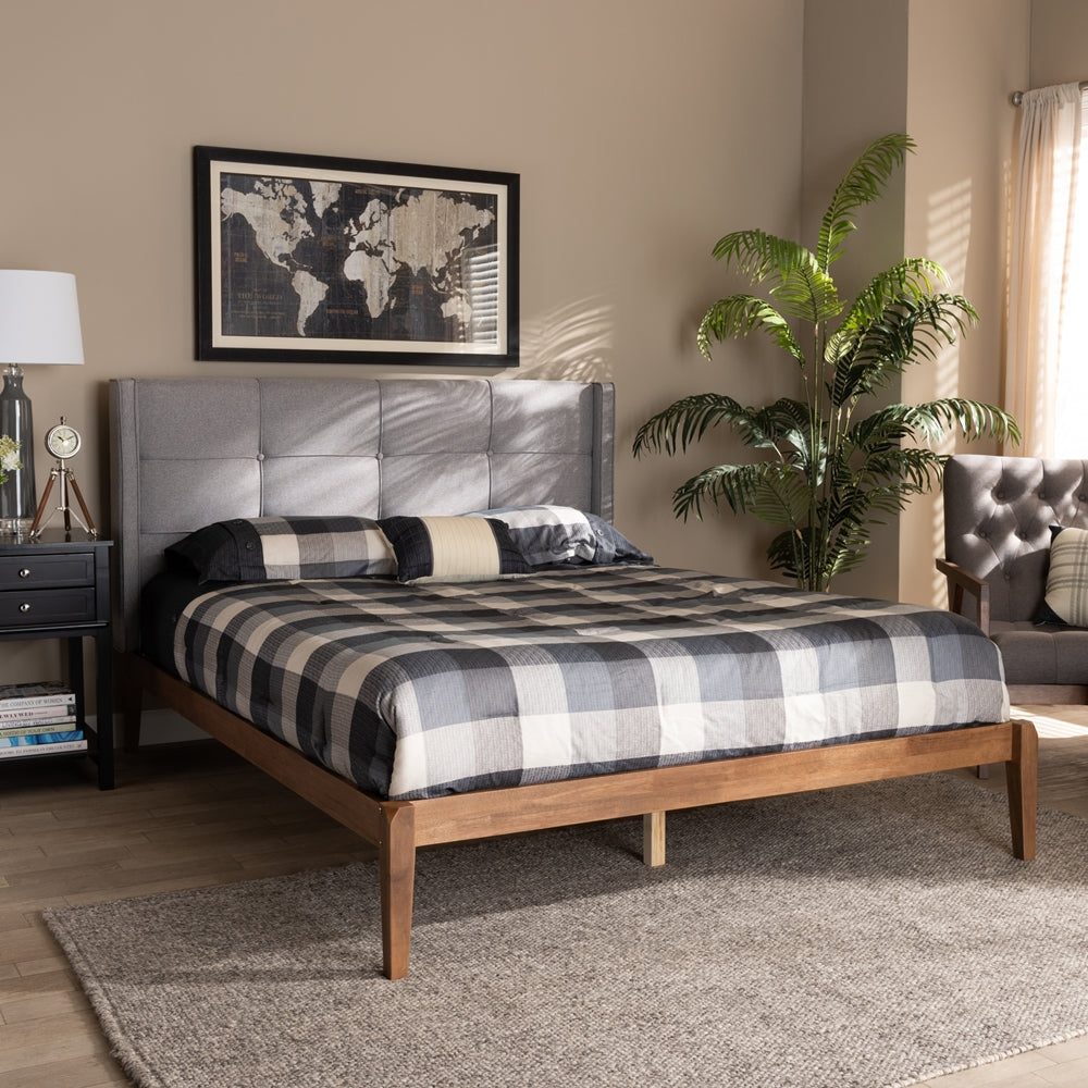 Edmond Grey Fabric and Ash Walnut Brown Finished Wood King Size Bed