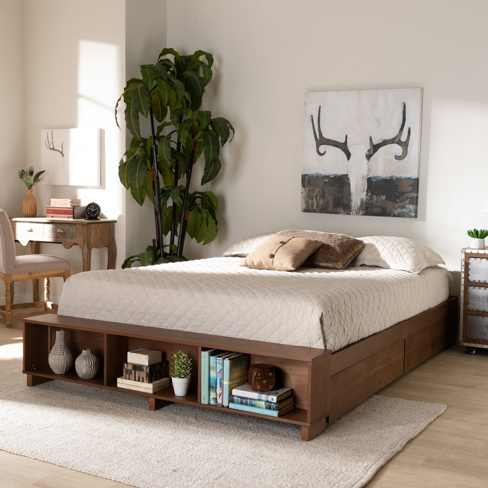 Arthur Ash Walnut Brown Finished Full Size Bed With Built-In Shelves