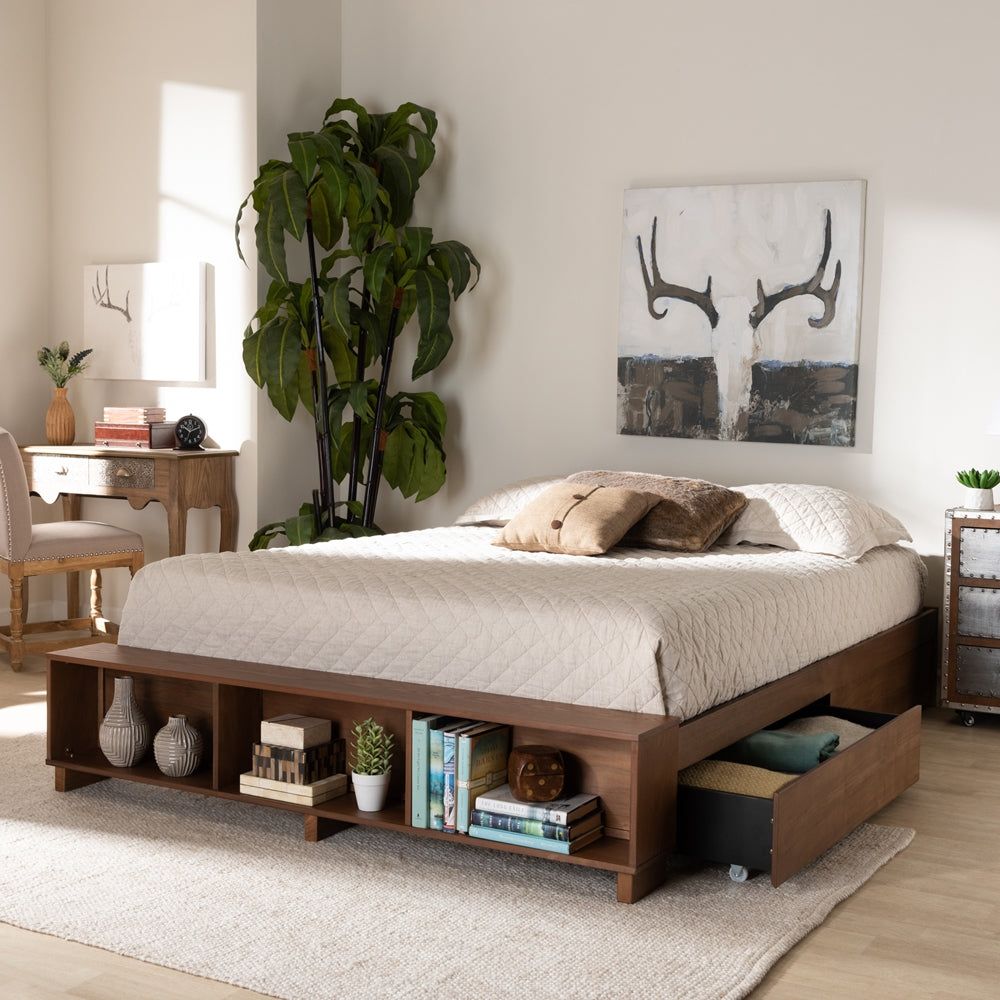 Arthur Ash Walnut Brown Finished Full Size Bed With Built-In Shelves