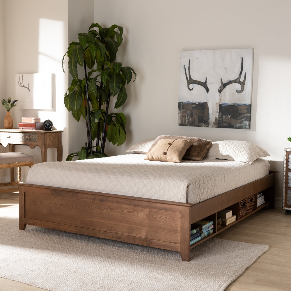 Anders Ash Walnut Brown Finished Full Size Bed Frame With Shelves