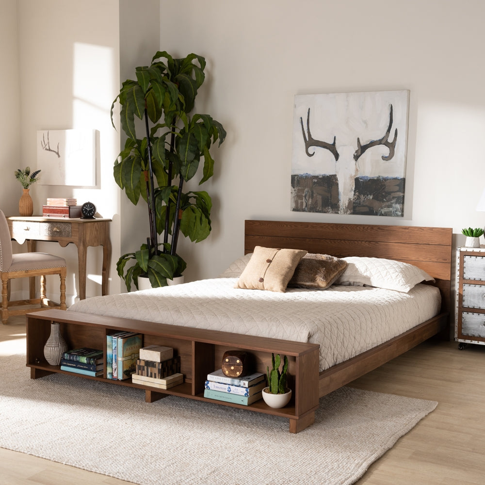 Regina Ash Walnut Brown Finished with Built-In Shelves Full Size Bed