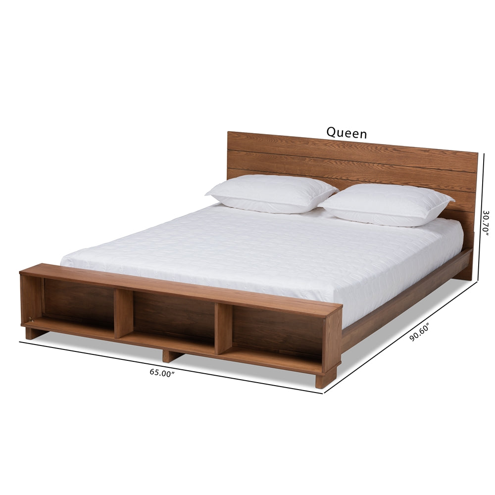 Regina Ash Walnut Brown Finished with Built-In Shelves Queen Size Bed