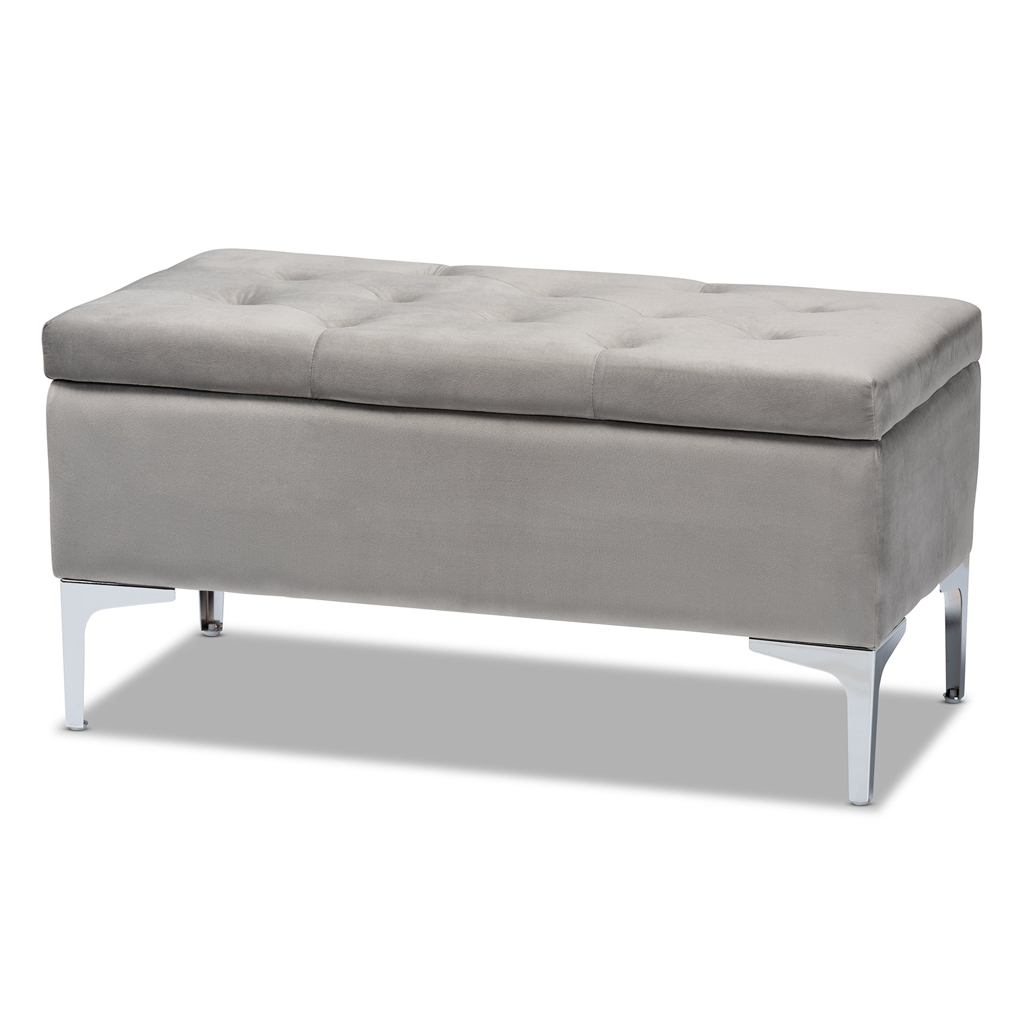 Mabel Modern and Contemporary Transitional Grey Velvet Fabric Upholstered Silver Finished Storage Ottoman