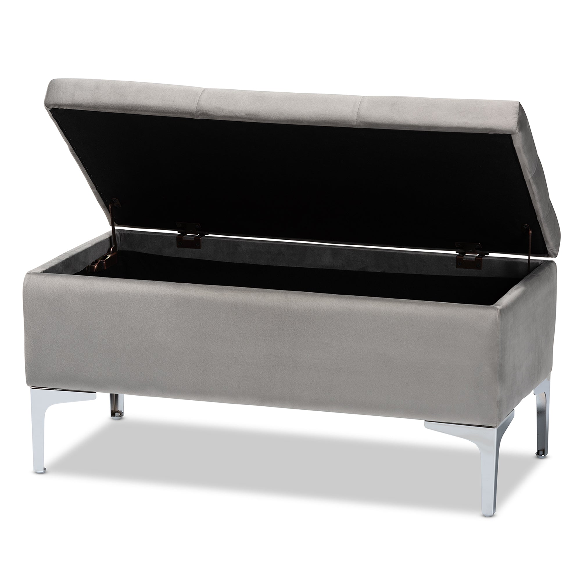 Mabel Modern and Contemporary Transitional Grey Velvet Fabric Upholstered Silver Finished Storage Ottoman