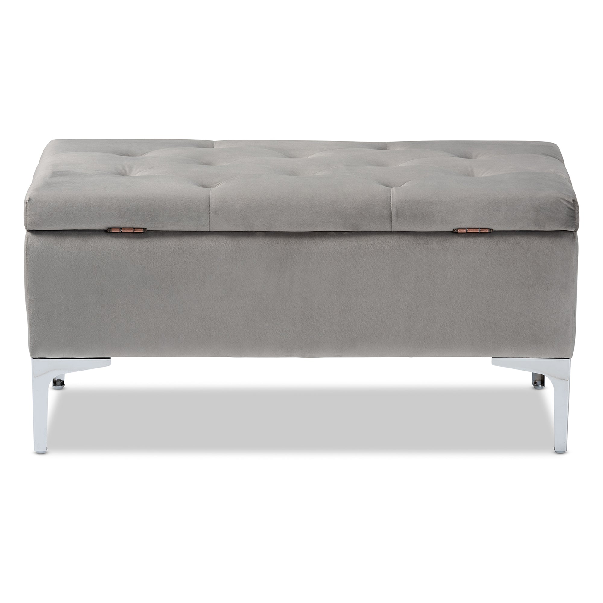 Mabel Modern and Contemporary Transitional Grey Velvet Fabric Upholstered Silver Finished Storage Ottoman