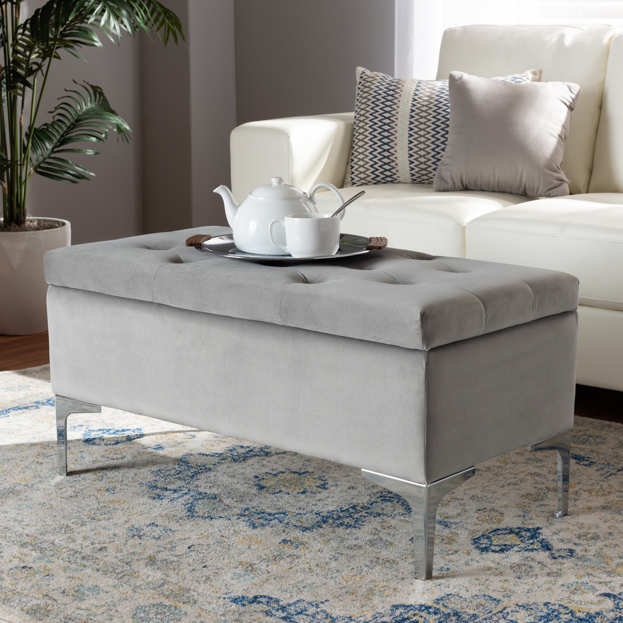 Mabel Modern and Contemporary Transitional Grey Velvet Fabric Upholstered Silver Finished Storage Ottoman