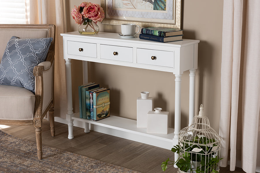 Calvin Classic and Traditional French Farmhouse White Finished Wood 3-Drawer Entryway Console Table