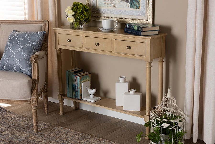 Calvin Classic and Traditional French Farmhouse Oak Brown Finished Wood 3-Drawer Entryway Console Table