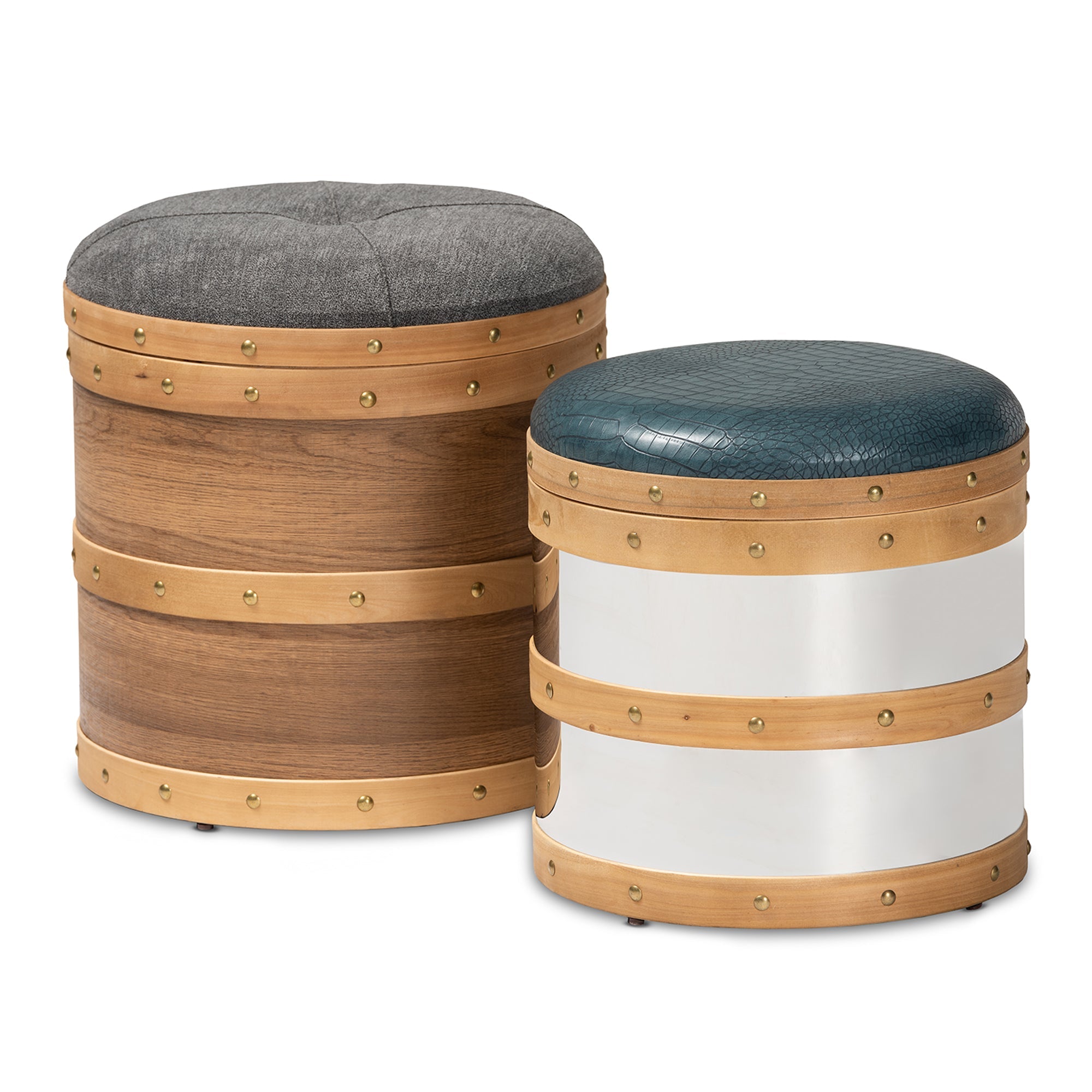 Caleb Modern and Contemporary  Grey Fabric and Blue Alligator Faux Leather Upholstered 2-Piece Wood and Metal Storage Ottoman Set
