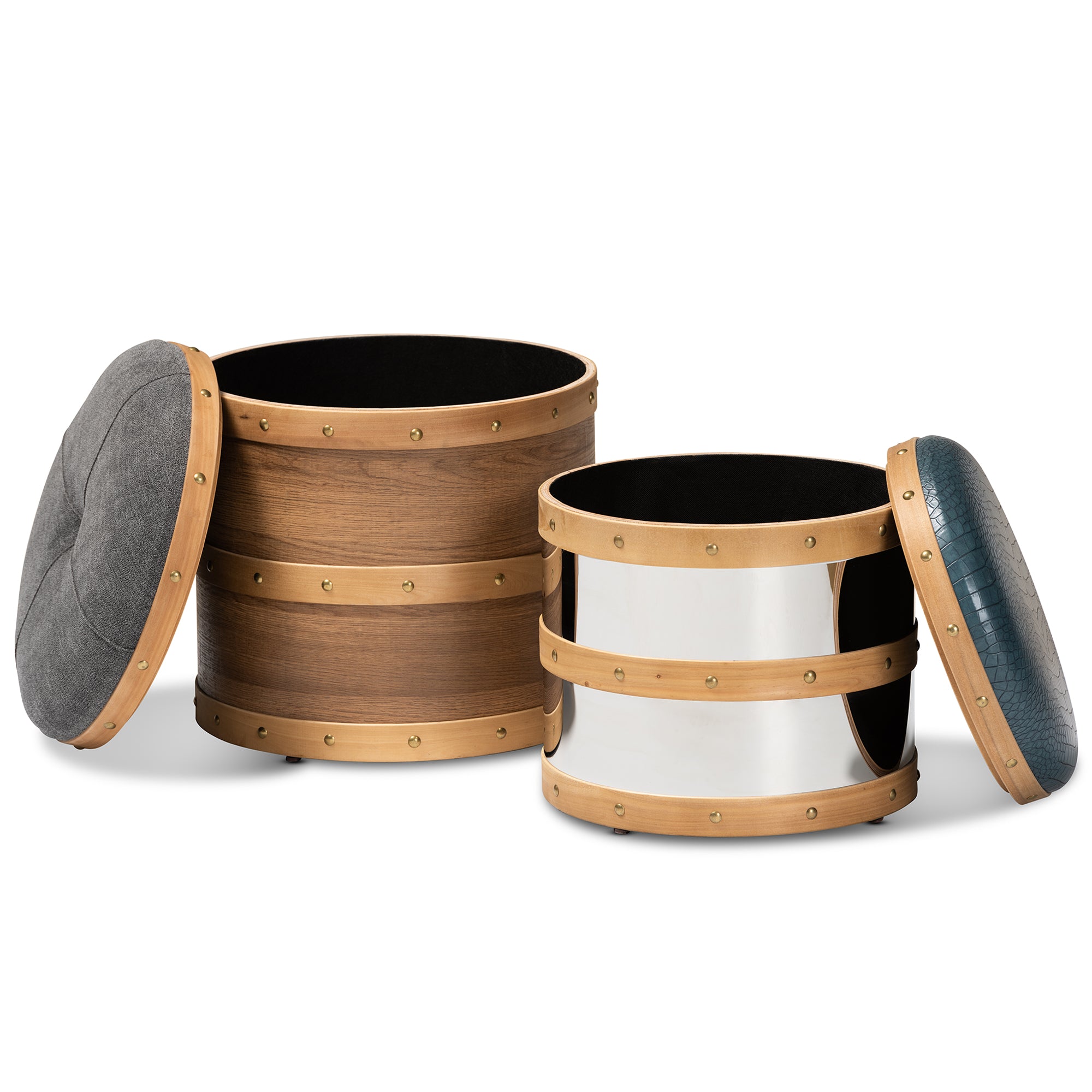 Caleb Modern and Contemporary  Grey Fabric and Blue Alligator Faux Leather Upholstered 2-Piece Wood and Metal Storage Ottoman Set