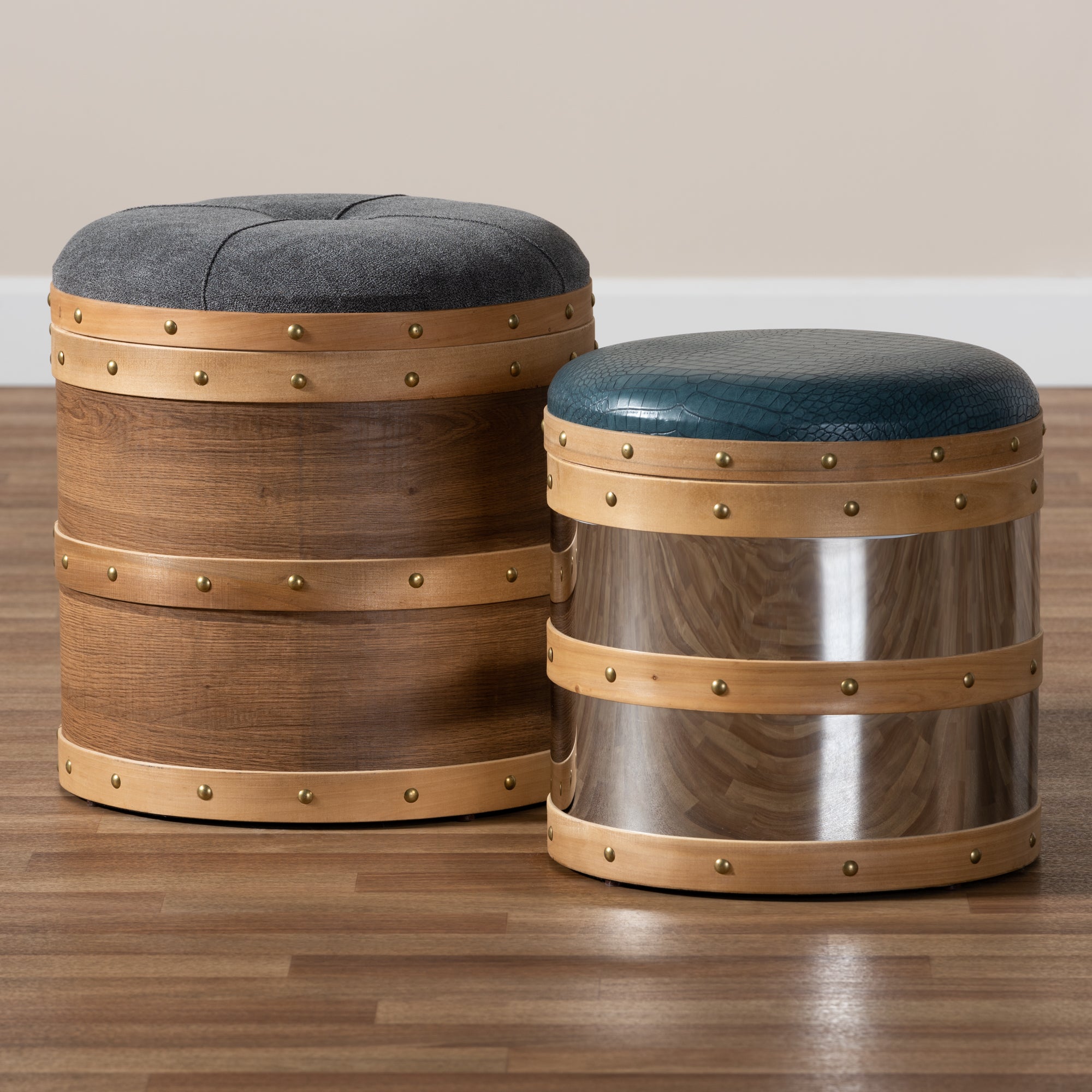 Caleb Modern and Contemporary  Grey Fabric and Blue Alligator Faux Leather Upholstered 2-Piece Wood and Metal Storage Ottoman Set