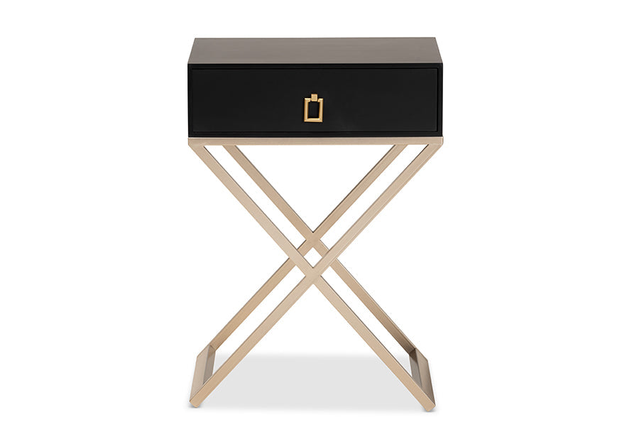 Patricia Modern and Contemporary Black Finished Wood and Powder Coated Brass Effect Metal 1-Drawer End Table