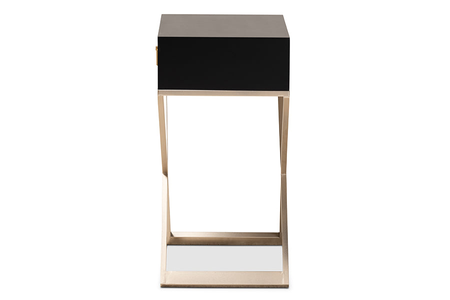 Patricia Modern and Contemporary Black Finished Wood and Powder Coated Brass Effect Metal 1-Drawer End Table