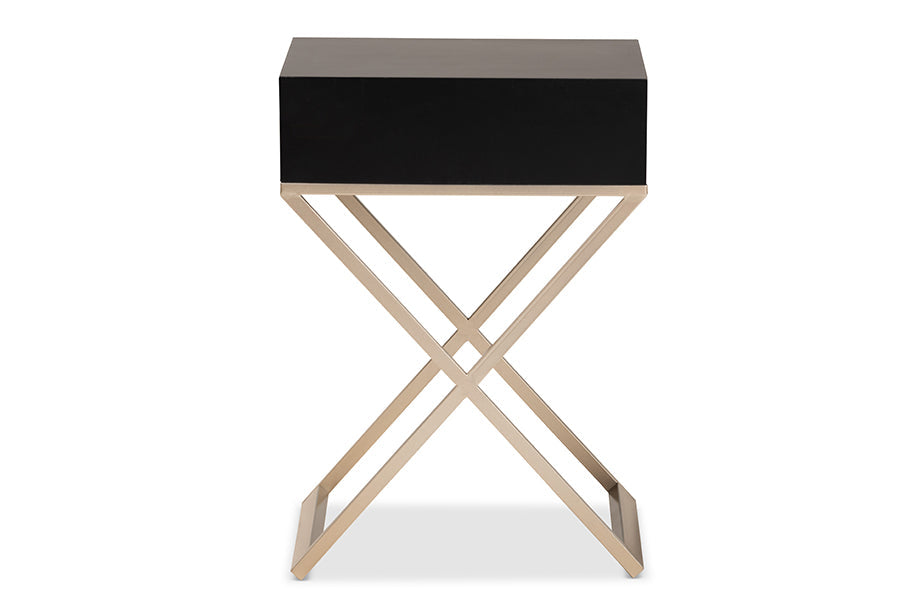 Patricia Modern and Contemporary Black Finished Wood and Powder Coated Brass Effect Metal 1-Drawer End Table