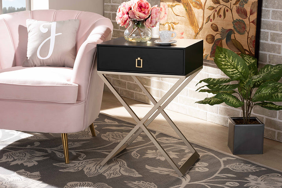 Patricia Modern and Contemporary Black Finished Wood and Powder Coated Brass Effect Metal 1-Drawer End Table