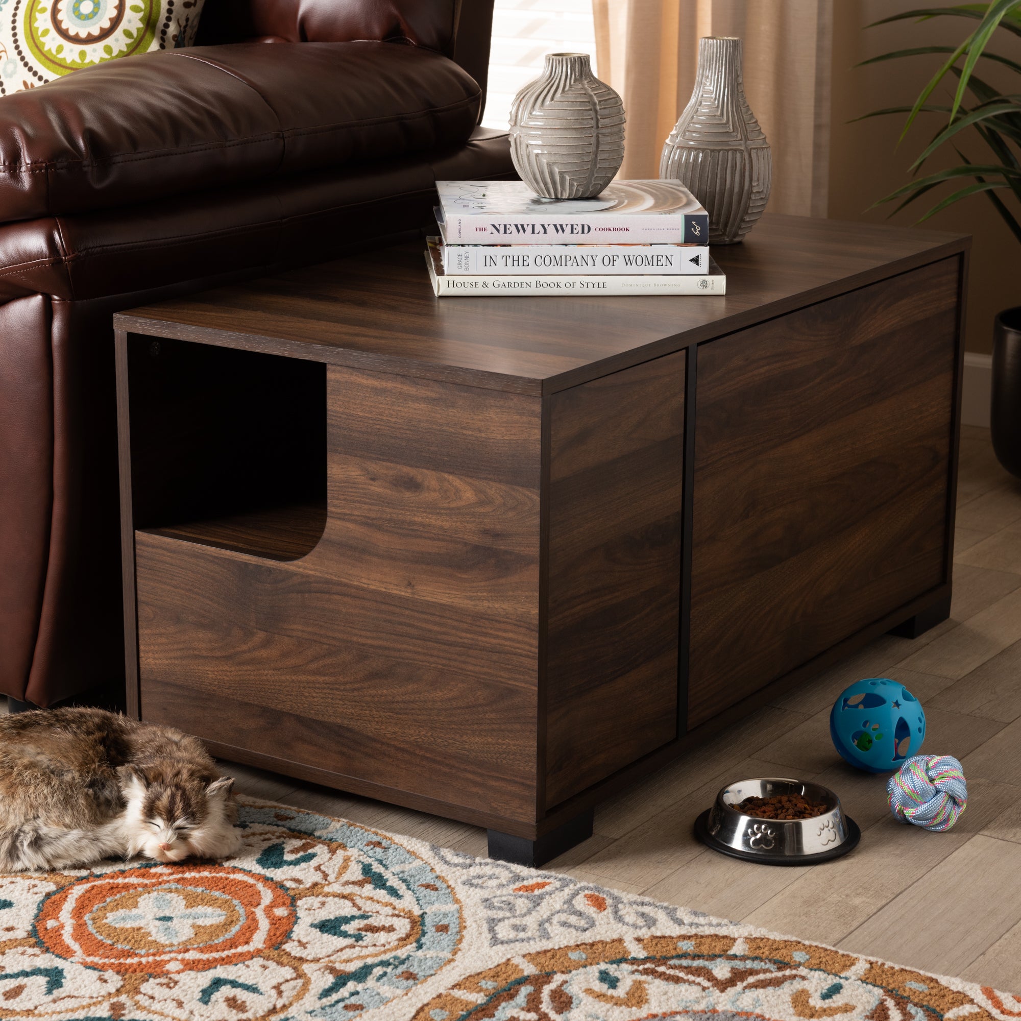 Connor Modern and Contemporary Walnut Brown Finished 2-Door Cat Litter Box Cover House