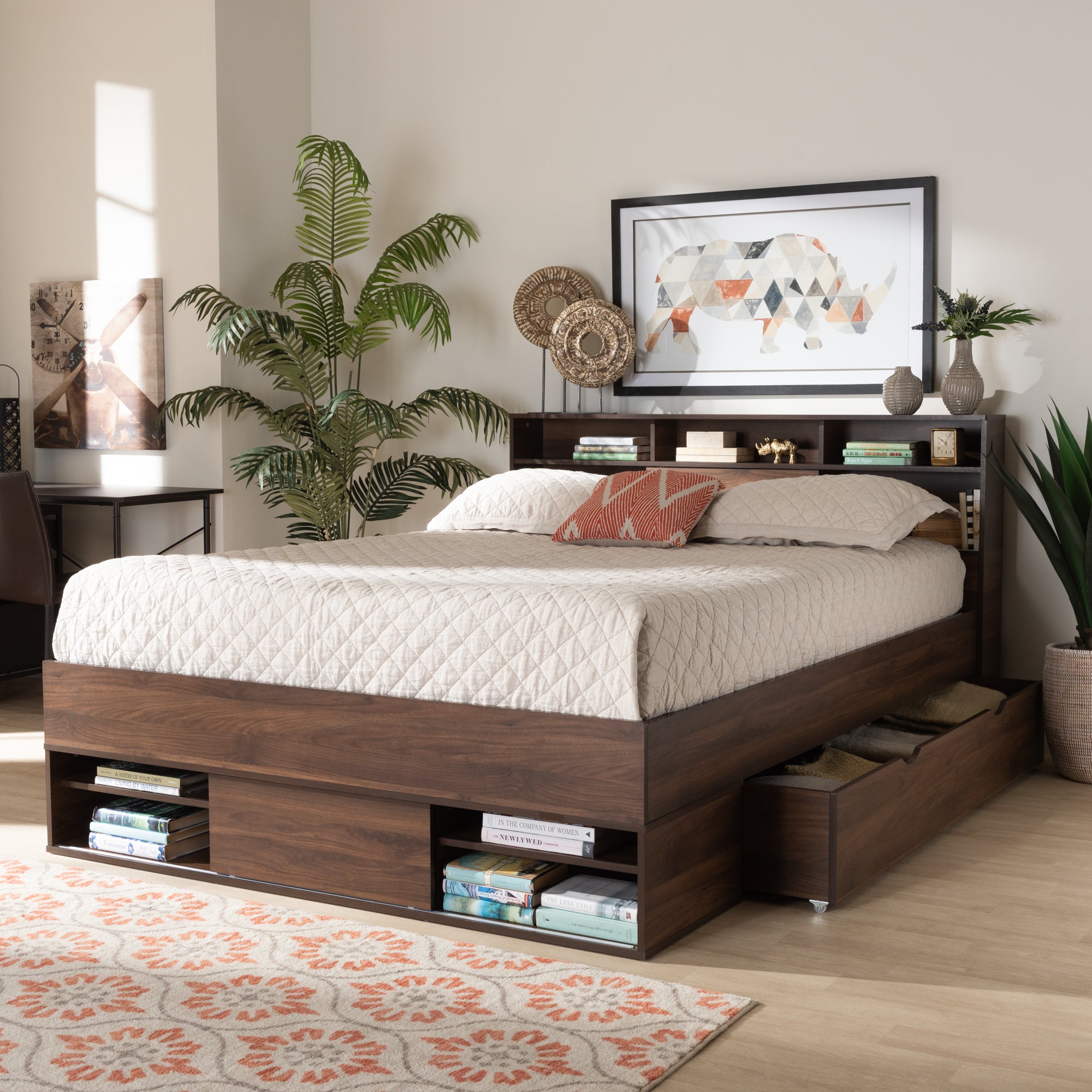 Tristan Walnut Brown Finished 1-Drawer Queen Size Storage Bed With Shelves