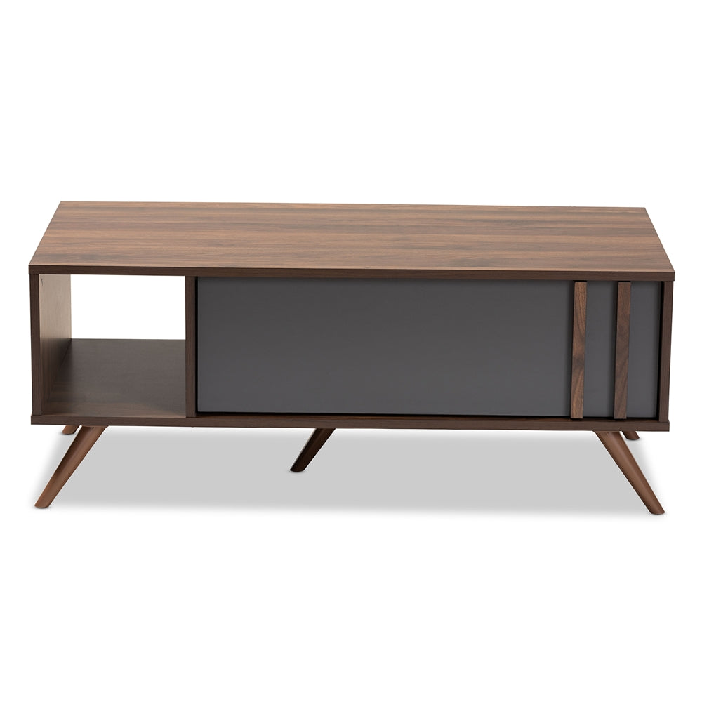Naoki Modern and Contemporary Two-Tone Grey and Walnut Finished Wood 1-Drawer Coffee Table