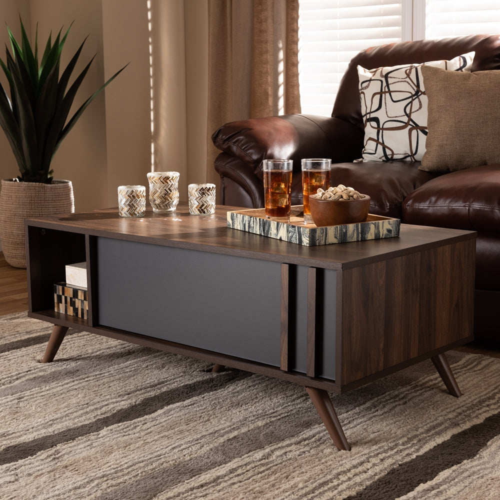 Naoki Modern and Contemporary Two-Tone Grey and Walnut Finished Wood 1-Drawer Coffee Table