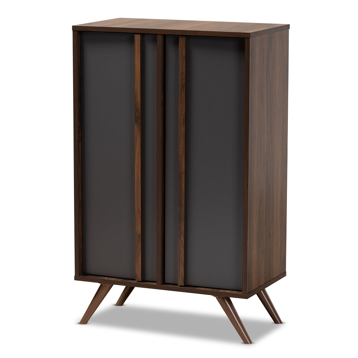 Naoki Modern and Contemporary Two-Tone Grey and Walnut Finished Wood 2-Door Shoe Cabinet