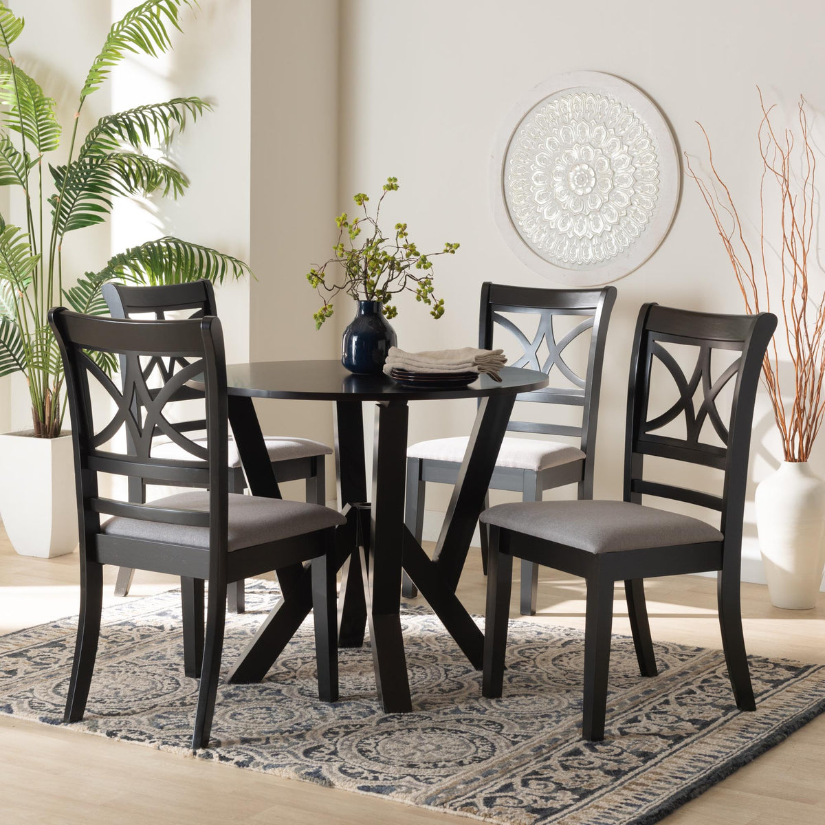 Mari Modern Grey Fabric and Dark Brown Finished Wood 5-Piece Dining Set